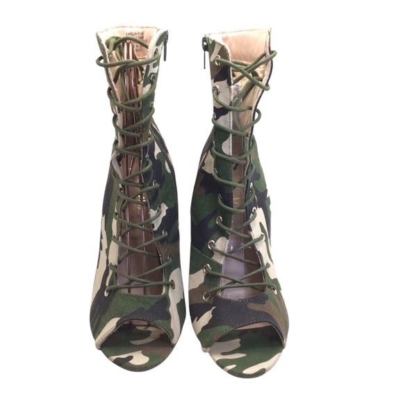 Chase & Chloe Peep Toe Lace-Up Ankle Booties Camo Canvas Block Heels Women’s 8W - Picture 5 of 9